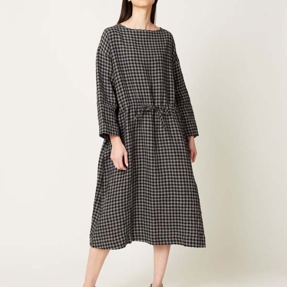 Linen Gingham Dress in Gray & Black